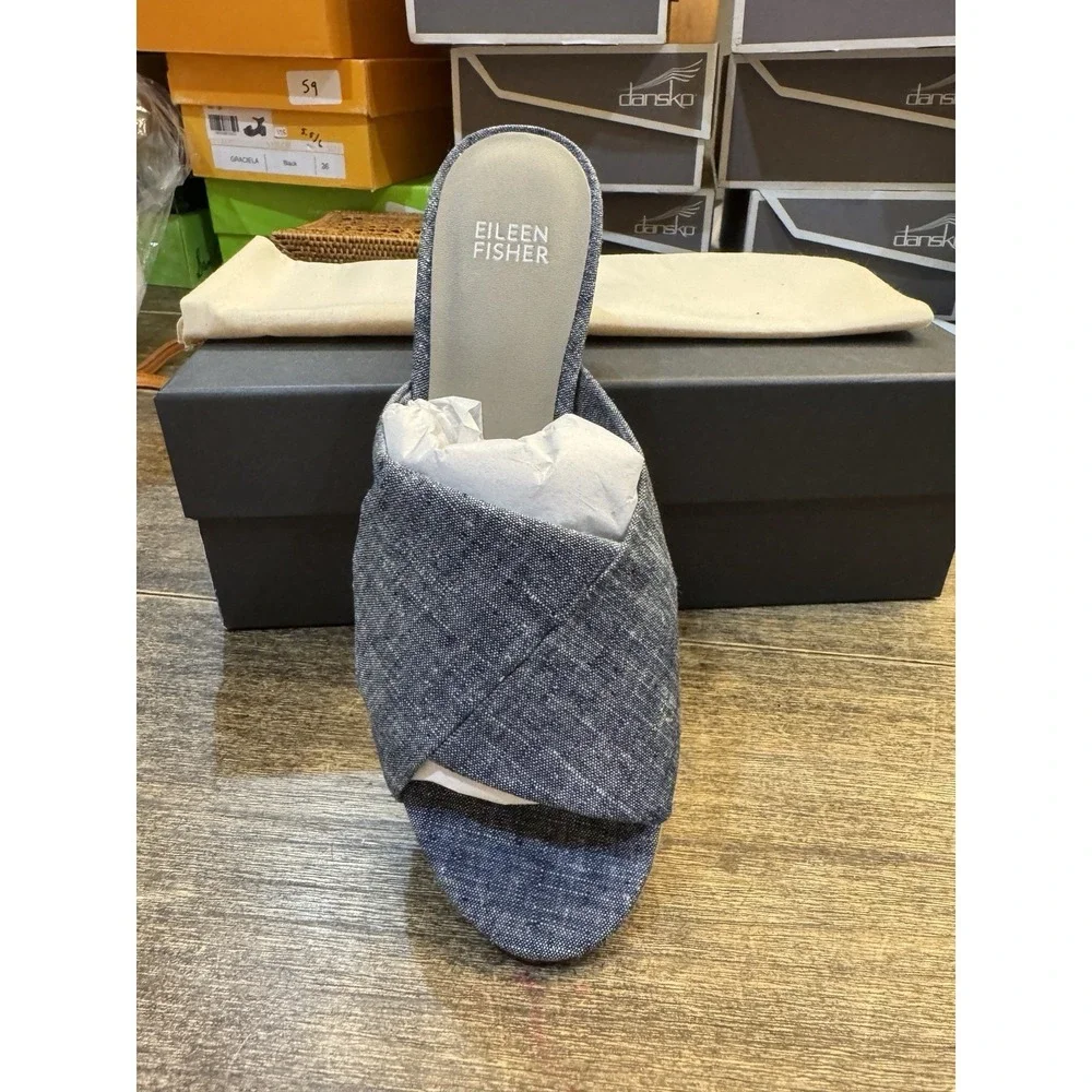 Eileen Fisher Ruche Mule Sandals Chambray‎ Blue Denim Block Heel Comfort Size 7